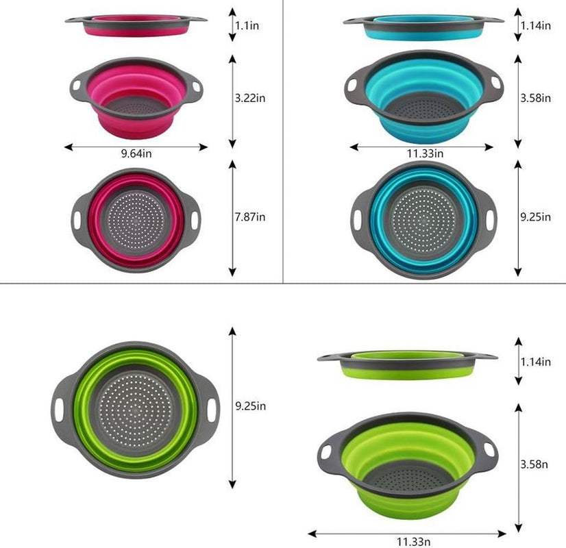 Collapsible Colander Set of 3 round Silicone Kitchen Strainer Set - 2 Pcs 4 Quart and 1 Pcs 2 Quart- Perfect for Draining Pasta, Vegetable and Fruit (Green,Blue, Purple)